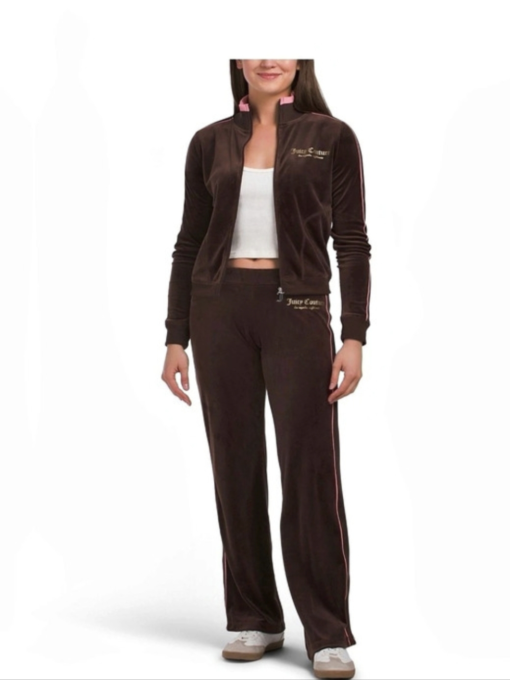 🤎▪️Juicy Couture ▪️ 2 Pc  Brown/Pink Velour Mock Neck Tracksuit Set